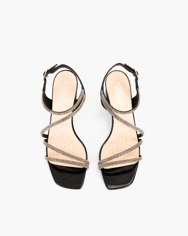 Czarne sandały damskie skórzane z cyrkoniami na klocku 3