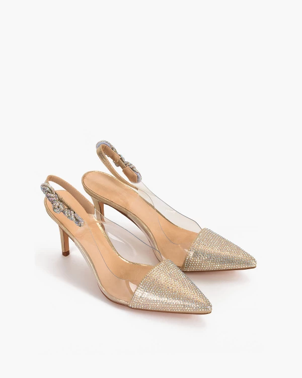 Złote sandały damskie żelowe z cyrkoniami na szpilce