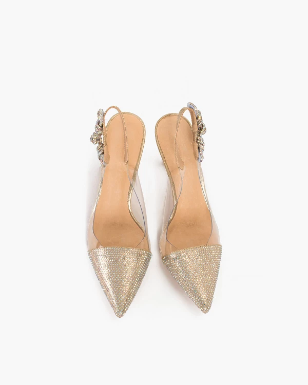 Złote sandały damskie żelowe z cyrkoniami na szpilce 3