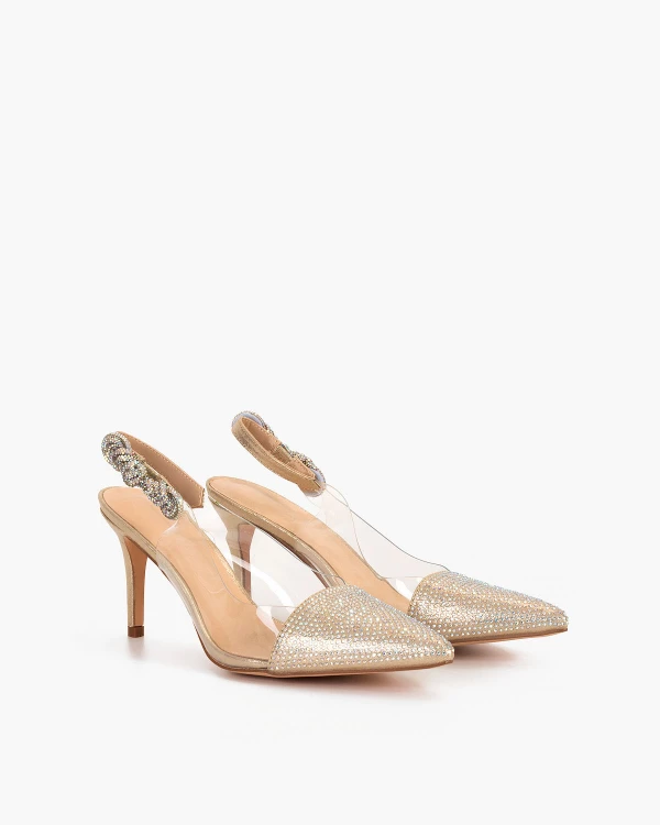 Złote sandały damskie żelowe z cyrkoniami na szpilce 2