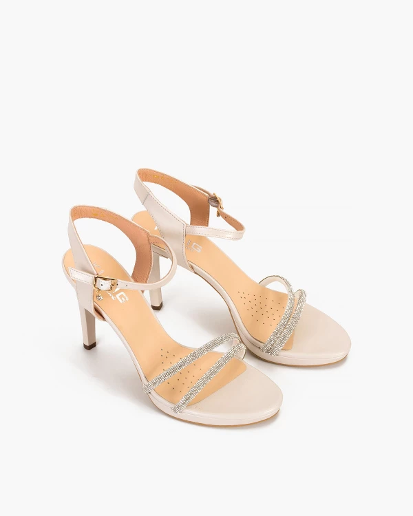 Perłowe sandały damskie skórzane z cyrkoniami na szpilce