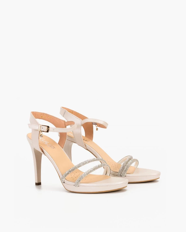 Perłowe sandały damskie skórzane z cyrkoniami na szpilce 2