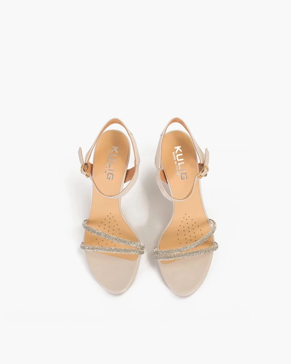 Perłowe sandały damskie skórzane z cyrkoniami na szpilce 3