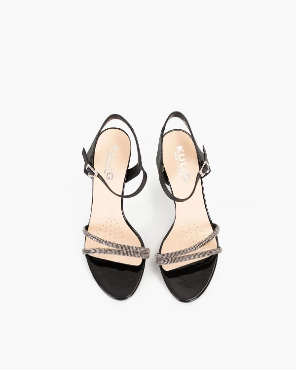 Czarne sandały damskie skórzane z cyrkoniami na szpilce 3