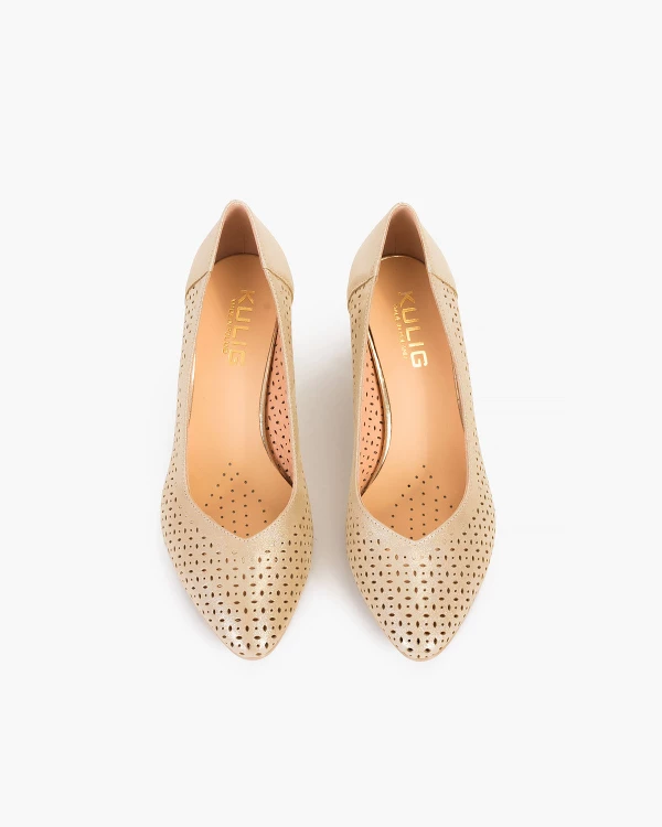 Złote czółenka ażurowe na słupku ze skóry nubukowej 3