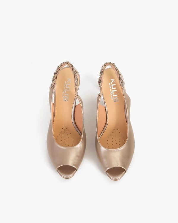 Złote sandały damskie skórzane na szpilce 3