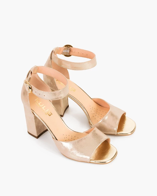 Złote sandały damskie nubukowe na słupku