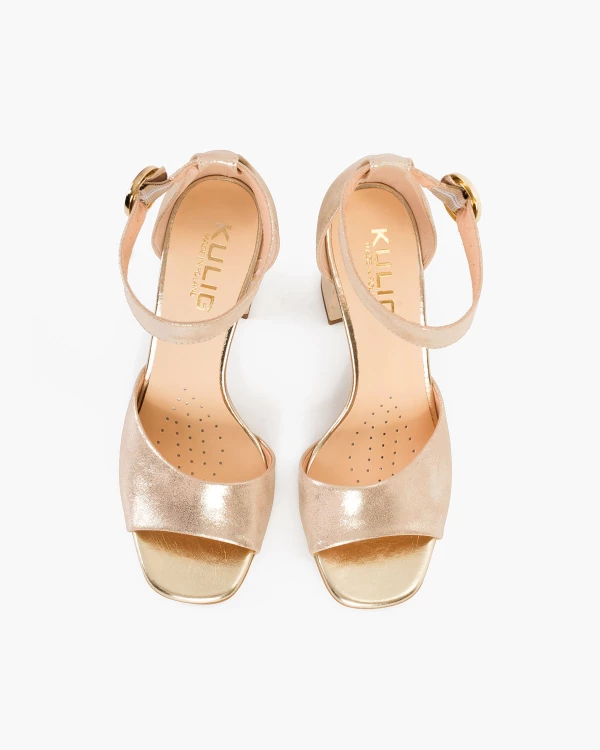 Złote sandały damskie nubukowe na słupku 3