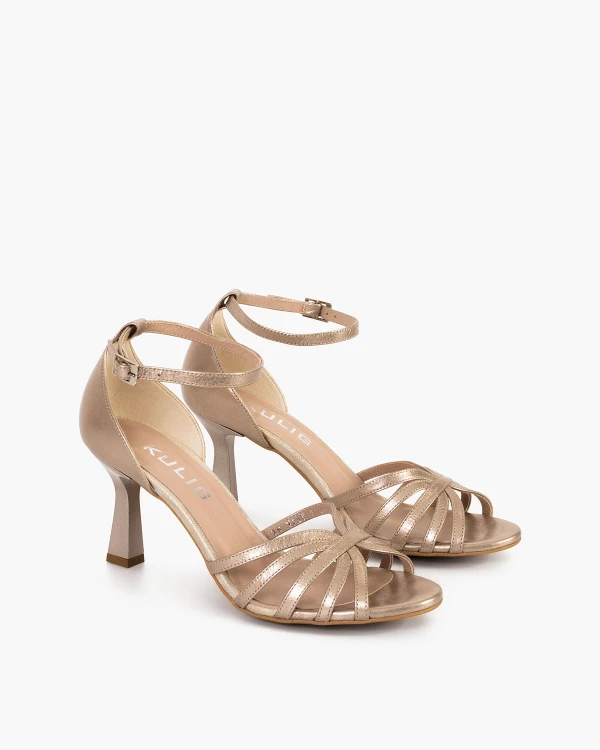 Złote sandały damskie skórzane na szpilce 2