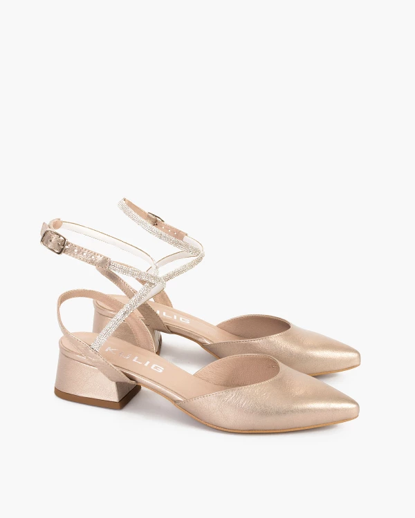 Złote sandały damskie skórzane na klocku 3