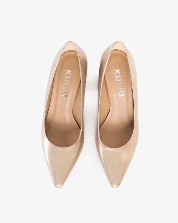 Złote czółenka skórzane na klocku 4