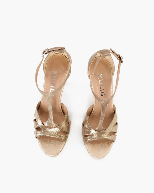 Złote sandały damskie skórzane na szpilce 3