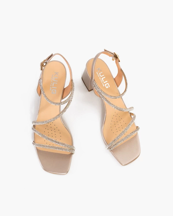 Złote sandały damskie skórzane z cyrkoniami na klocku 3