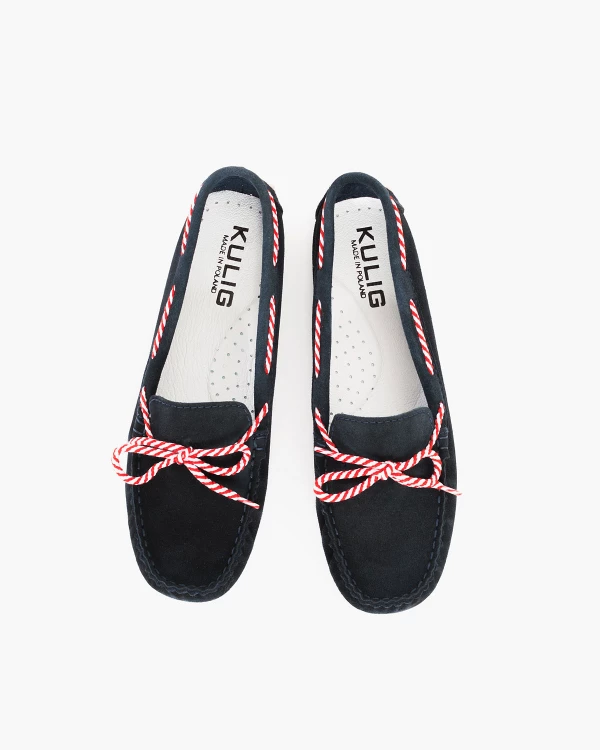 Granatowe mokasyny damskie welurowe z ozdobnym sznurkiem 3