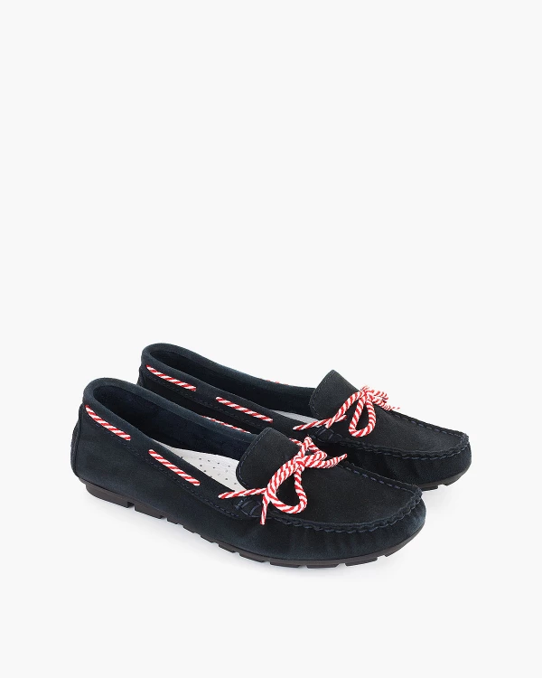 Granatowe mokasyny damskie welurowe z ozdobnym sznurkiem 2