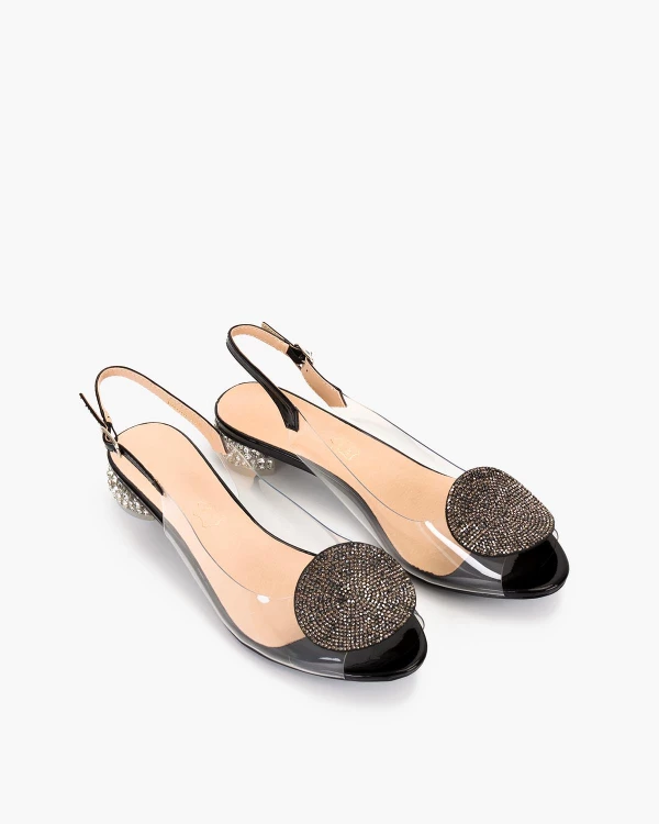 Czarne sandały damskie żelowe na niskim obcasie z cyrkoniami