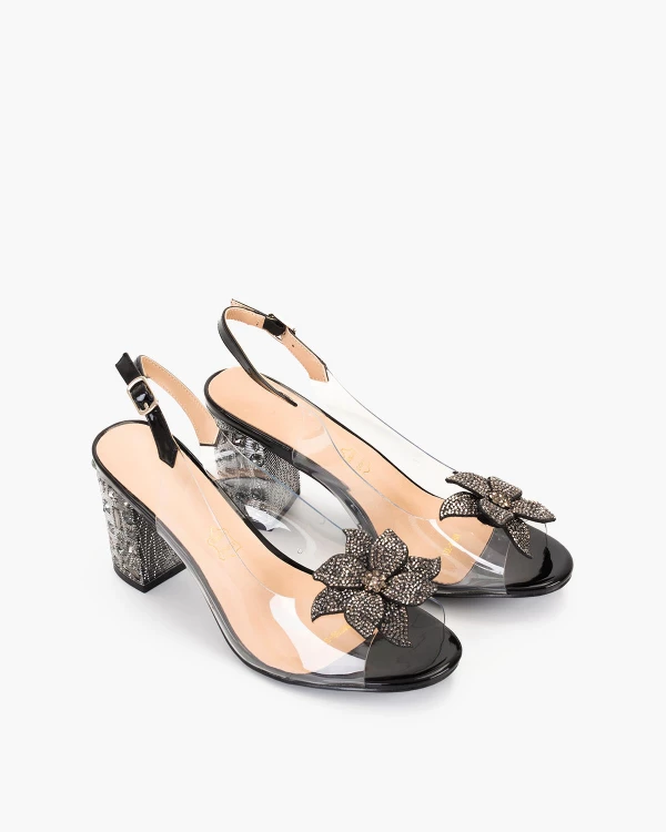 Czarne sandały damskie żelowe na słupku z kamieniami