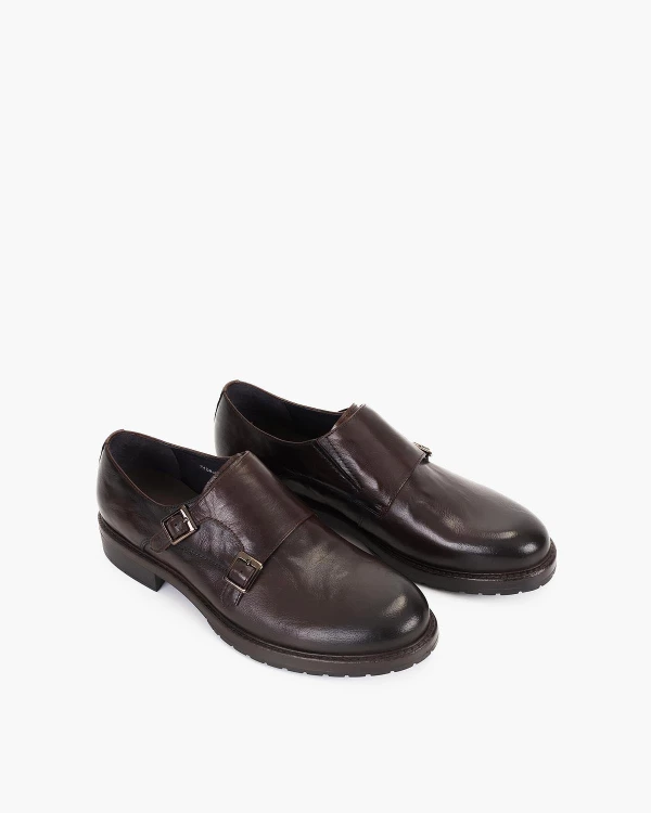 Czekoladowe półbuty męskie skórzane z klamerkami monki