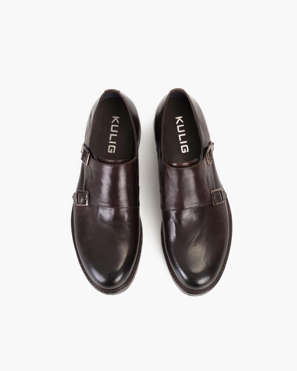 Czekoladowe półbuty męskie skórzane z klamerkami monki 3