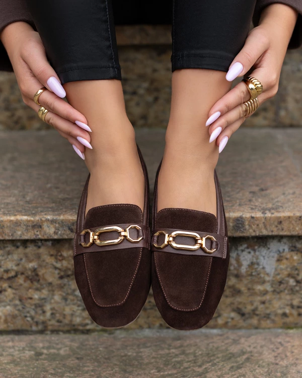 Czekoladowe mokasyny damskie z naturalnej skóry zamszowej