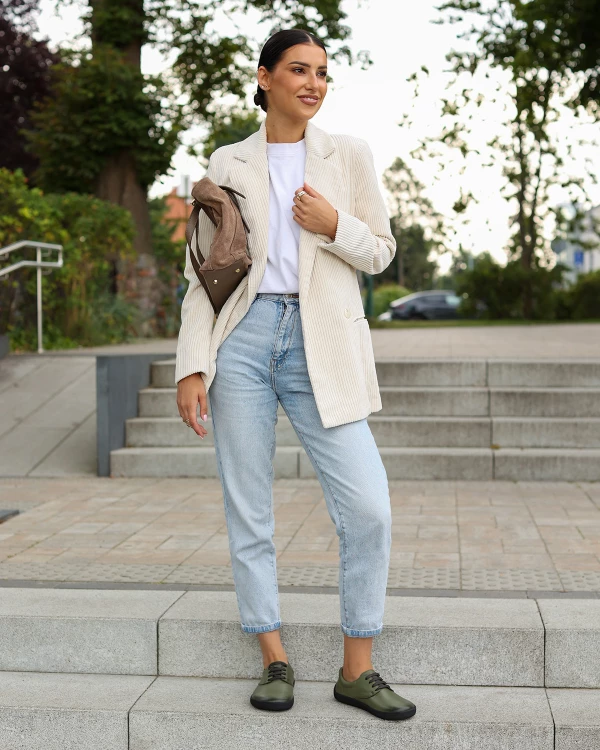 Oliwkowe półbuty damskie sznurowane z naturalnej skóry licowej 2