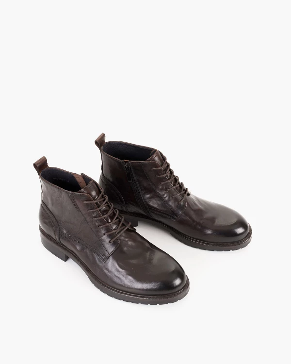 Czekoladowe trzewiki męskie ze skóry licowej na obcasie