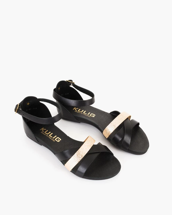 Czarno-złote sandały damskie ze skóry licowej