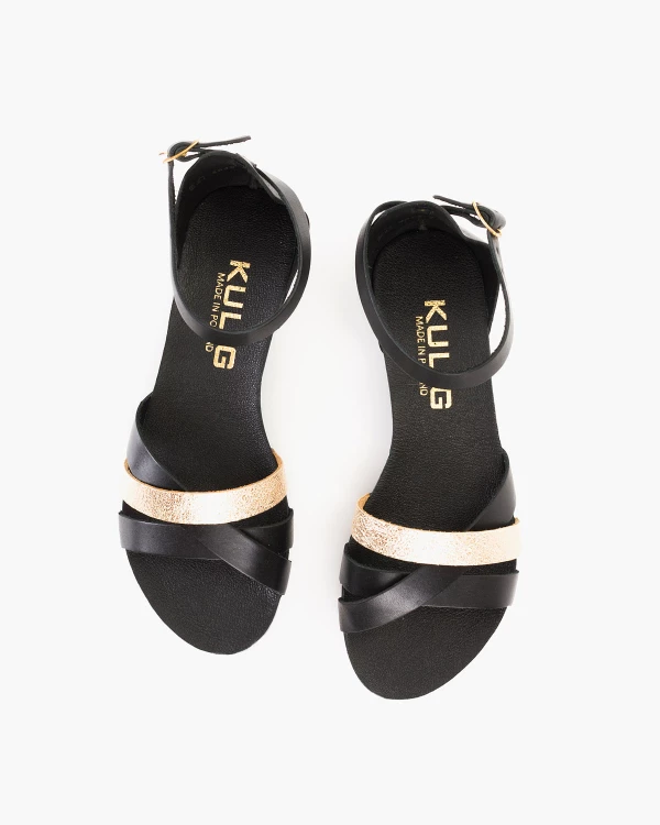 Czarno-złote sandały damskie ze skóry licowej 3