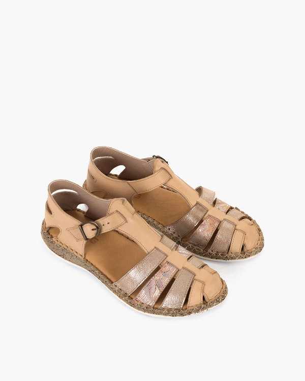Beżowo-złote sandały damskie skórzane