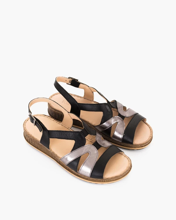 Czarno-srebrne sandały damskie skórzane