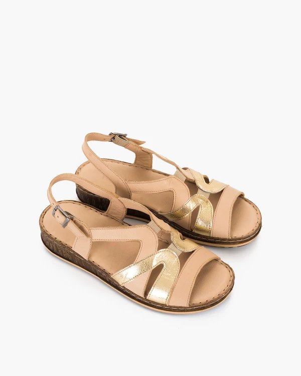 Beżowo-złote sandały damskie ze skóry naturalnej