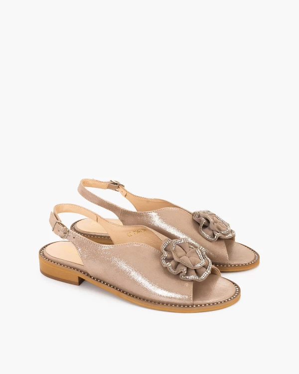 Beżowe sandały damskie ze skóry nubukowej z cyrkoniami 2