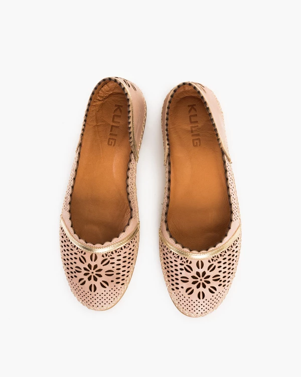 Beżowe baleriny damskie ażurowe ze skóry naturalnej 3