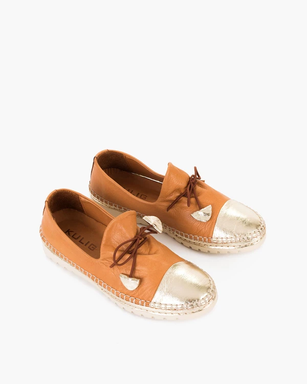 Brązowo-złote półbuty damskie skórzane