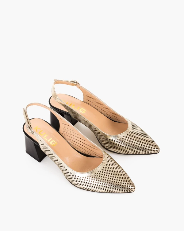 Złote czółenka ażurowe ze skóry licowej na słupku