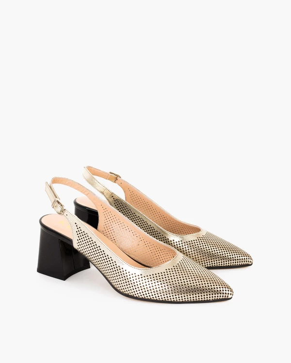 Złote czółenka ażurowe ze skóry licowej na słupku 2