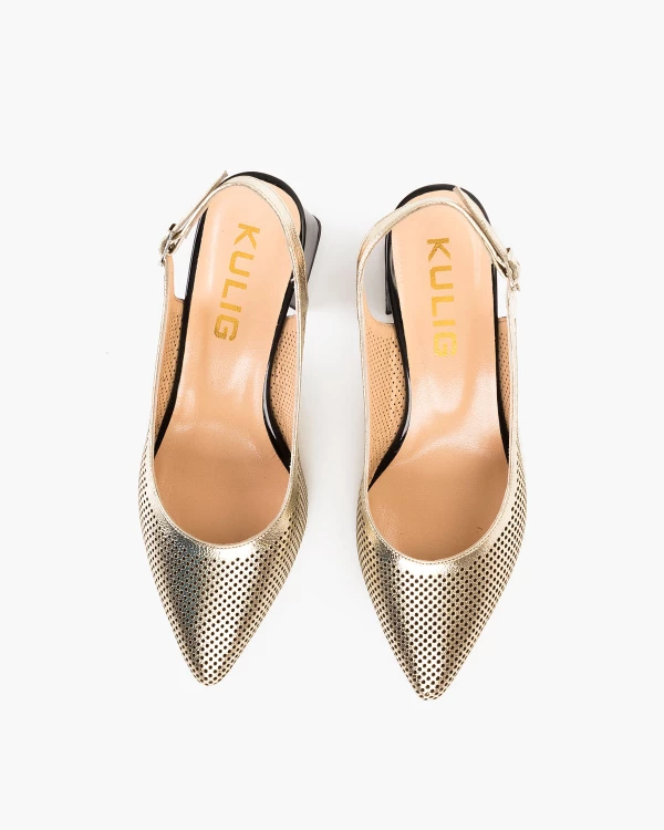 Złote czółenka ażurowe ze skóry licowej na słupku 3