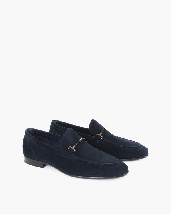 Granatowe mokasyny męskie z naturalnej skóry zamszowej 2