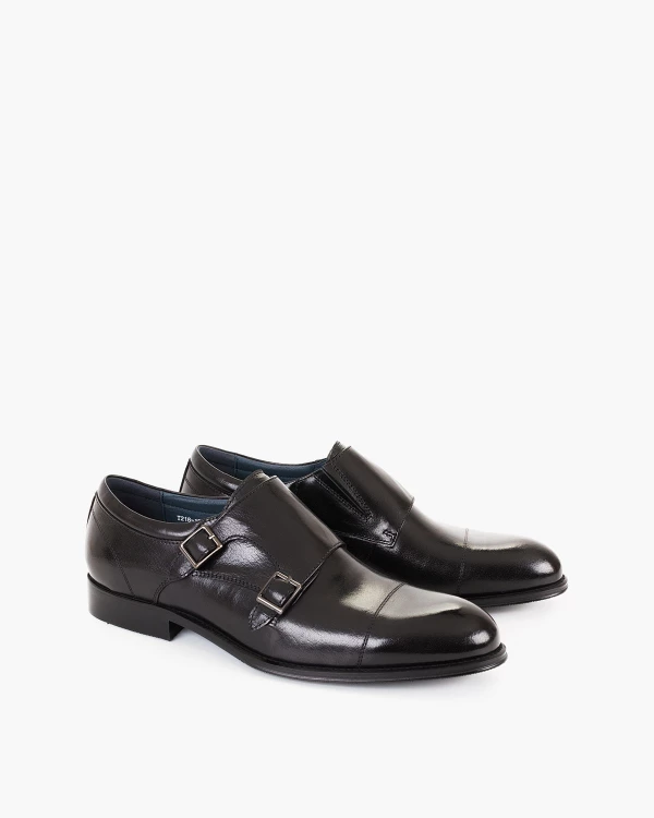 Czarne półbuty męskie monki ze skóry lakierowanej 2