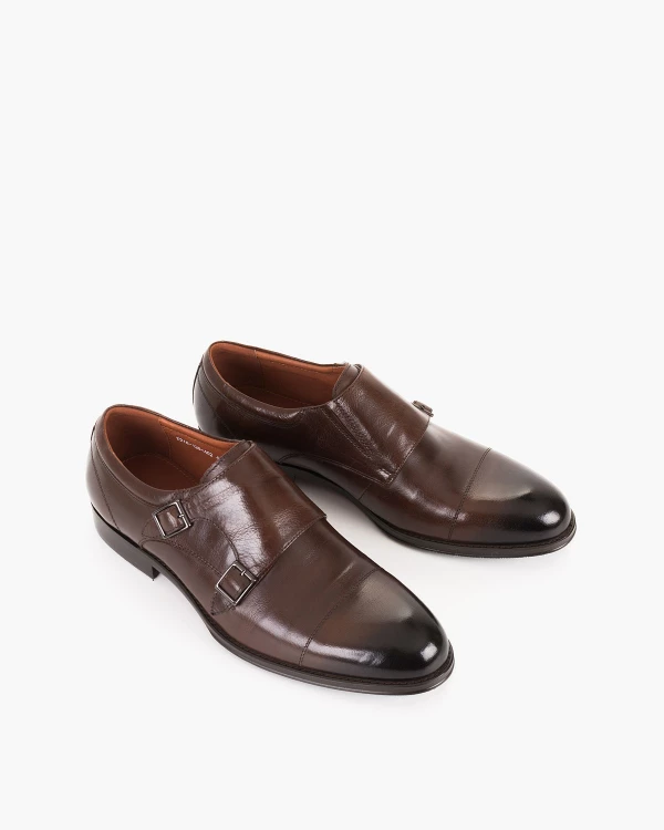 Brązowe półbuty męskie monki z naturalnej skóry lakierowanej