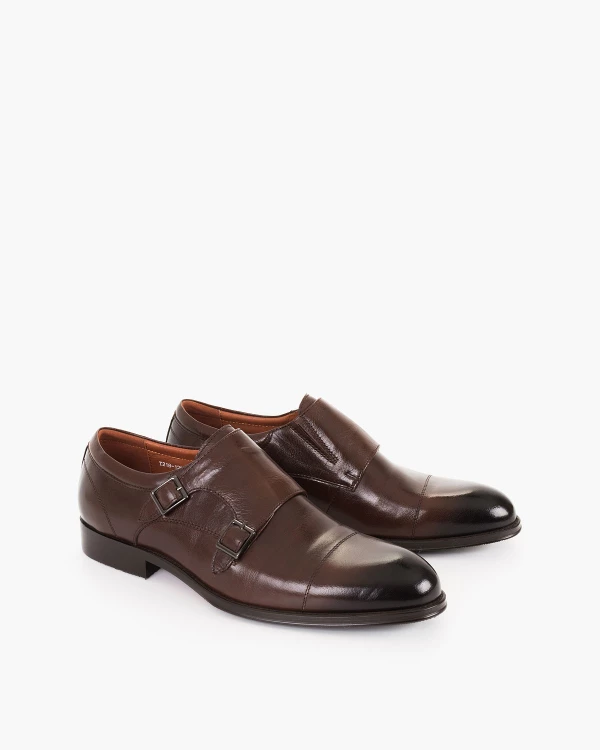 Brązowe półbuty męskie monki z naturalnej skóry lakierowanej 2