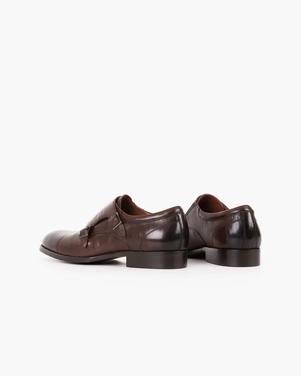 Brązowe półbuty męskie monki z naturalnej skóry lakierowanej 4