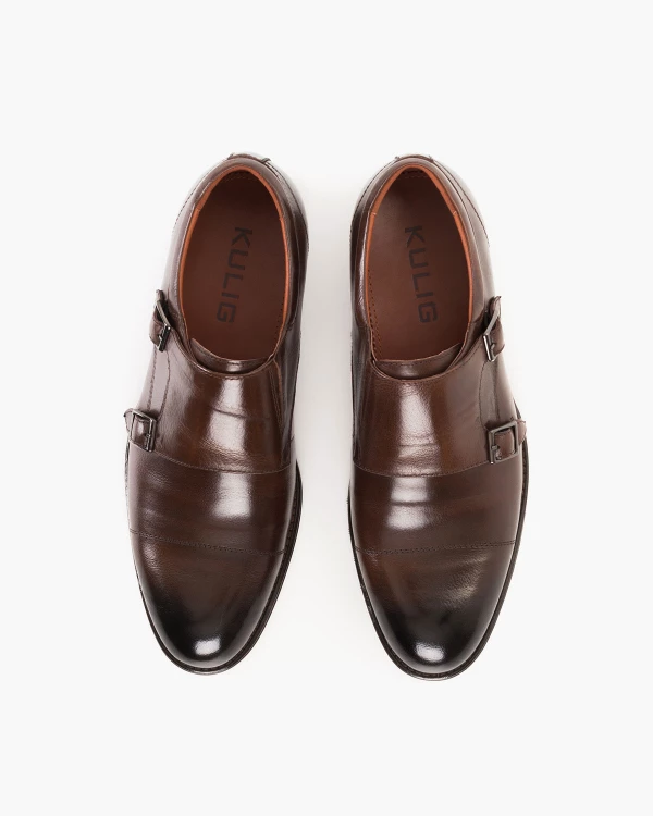 Brązowe półbuty męskie monki z naturalnej skóry lakierowanej 3