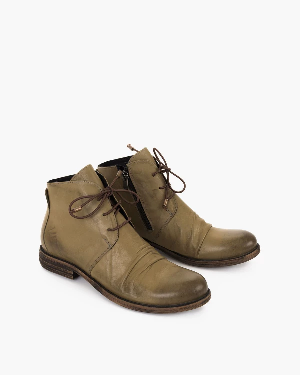 Oliwkowe trzewiki damskie sznurowane ze skóry licowej 2