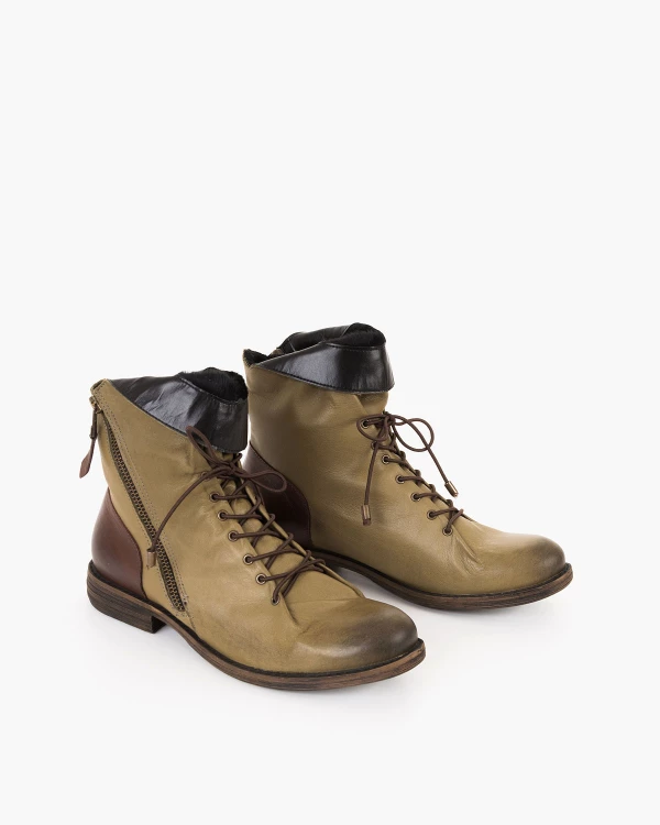 Oliwkowe trzewiki damskie skórzane na niskim obcasie 3