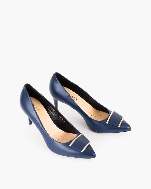 Granatowe czółenka damskie ze skóry naturalnej z ozdobą 5