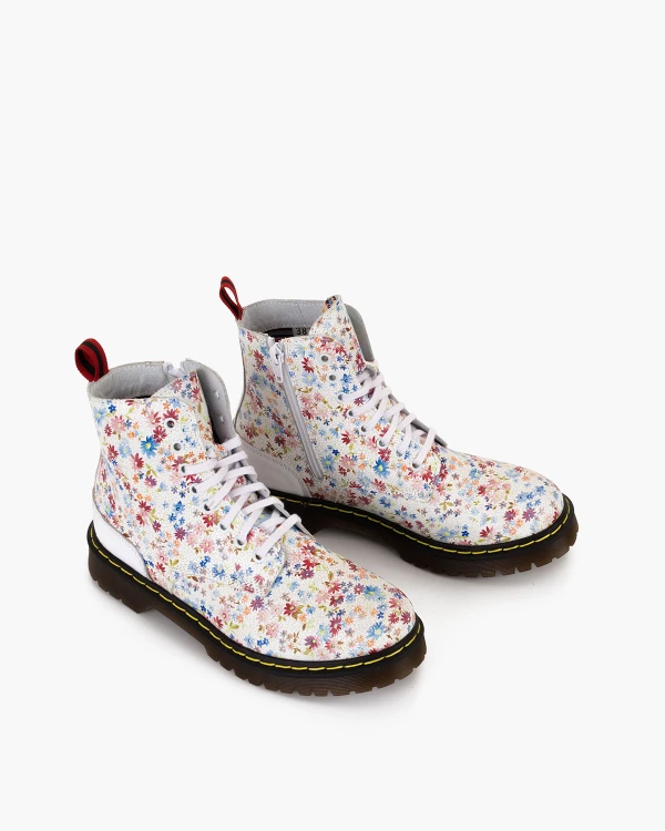 Białe trzewiki damskie skórzane martensy z motywem kwiatowym 5