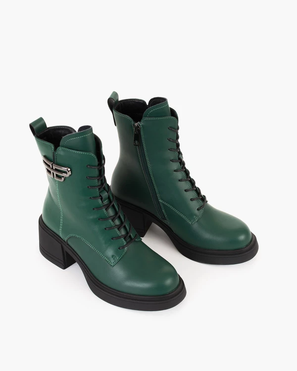 Zielone trzewiki damskie ze skóry licowej na słupku 5