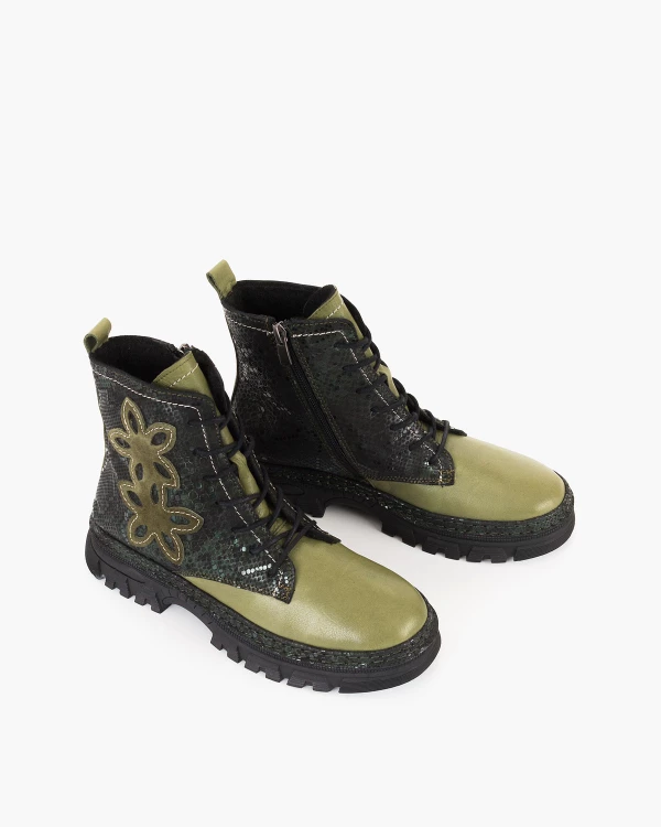 Oliwkowo-czarne trzewiki damskie ze skóry licowej 5