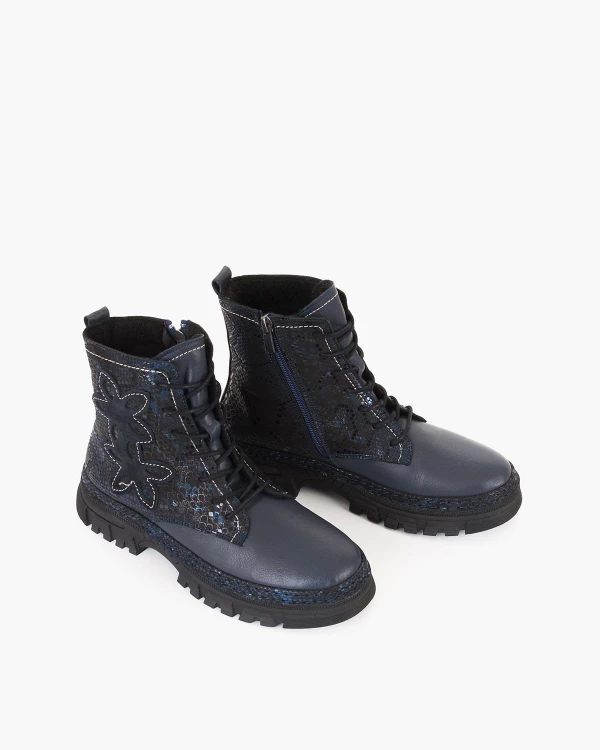 Granatowo-czarne trzewiki damskie skórzane na obcasie 5